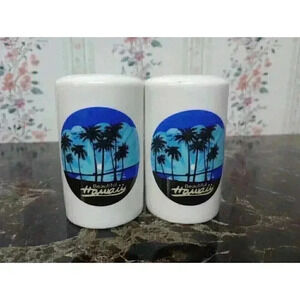 Vintage Hawaii Souvenir Salt & Pepper Shaker Set White w/Blue Sunset Palm